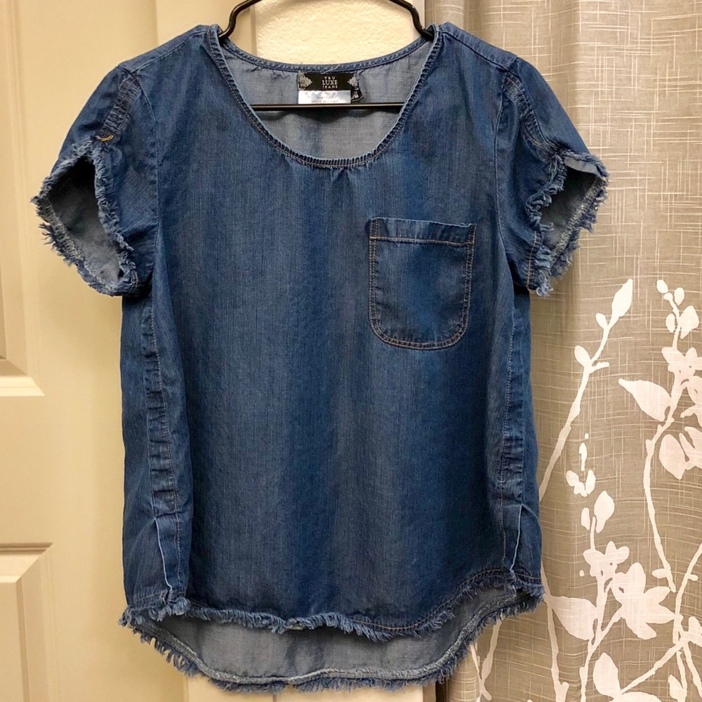 Chambray Top Disstressed Frayed Hem Lines